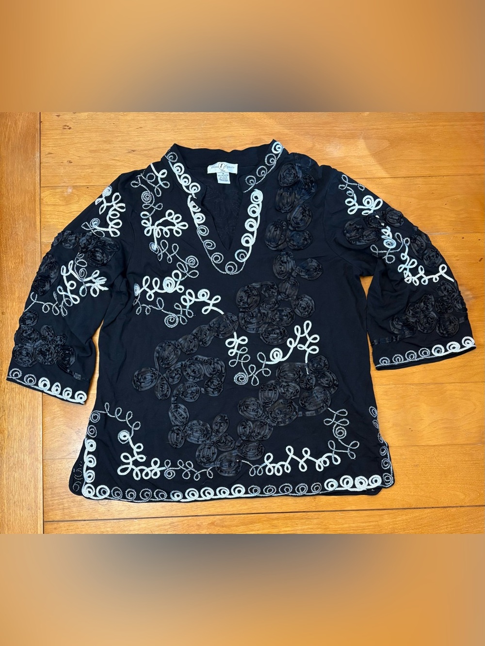 Once Again Plus Top 1X Black Ribbon Rosette Soutache Embroidered 3D Floral